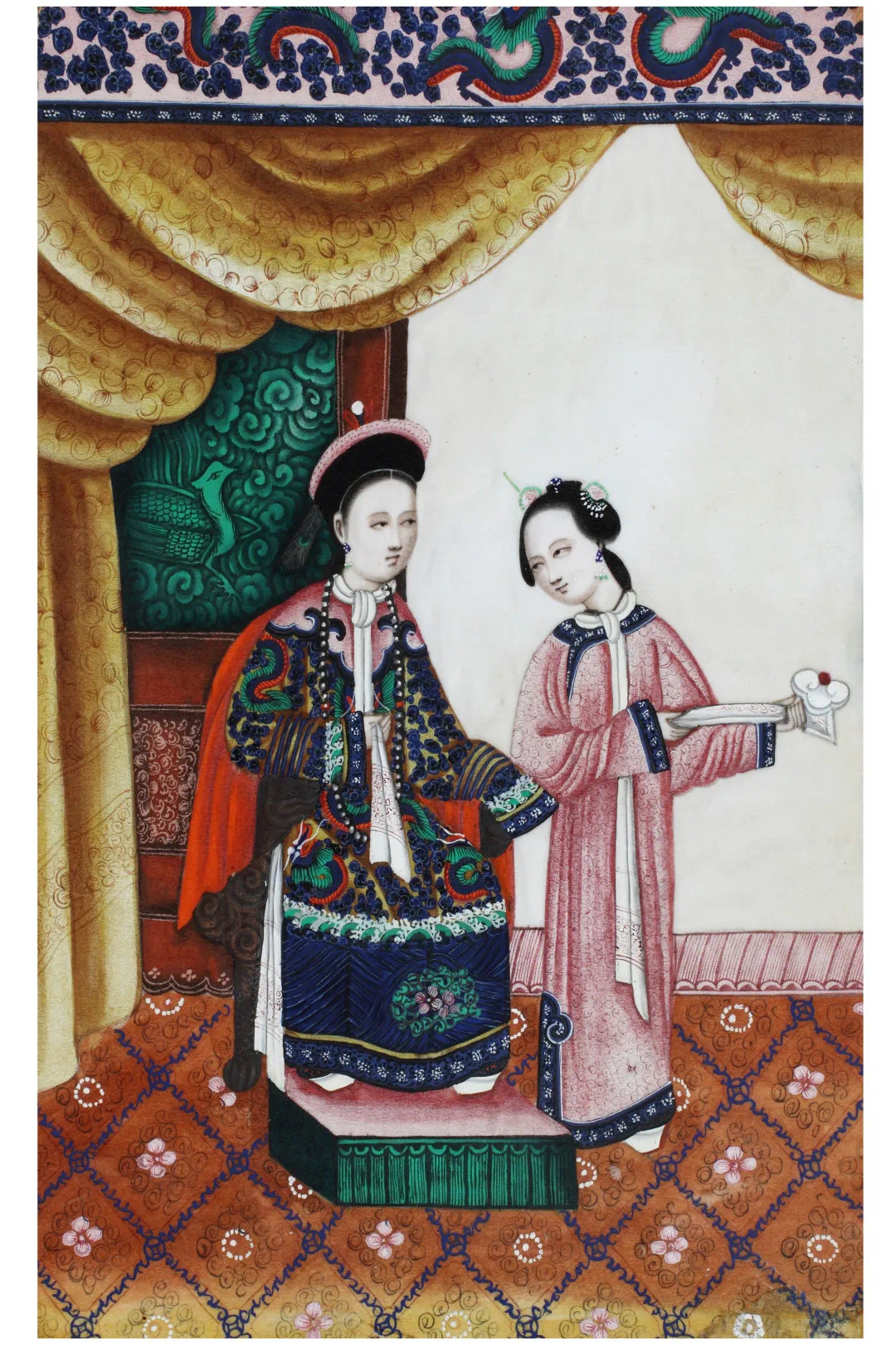 19世纪 通草水彩官员女眷图