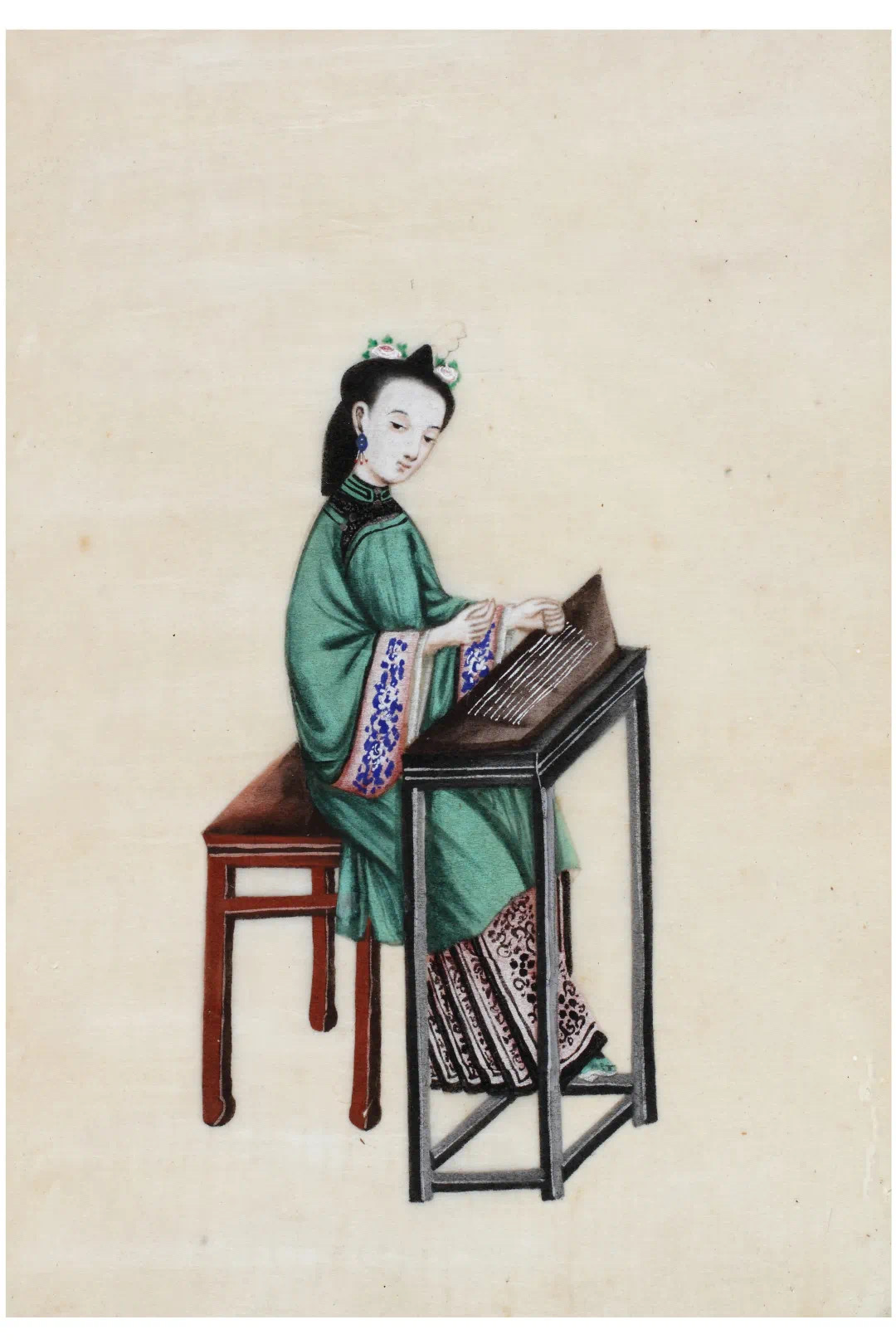 19世纪 通草水彩女乐师图