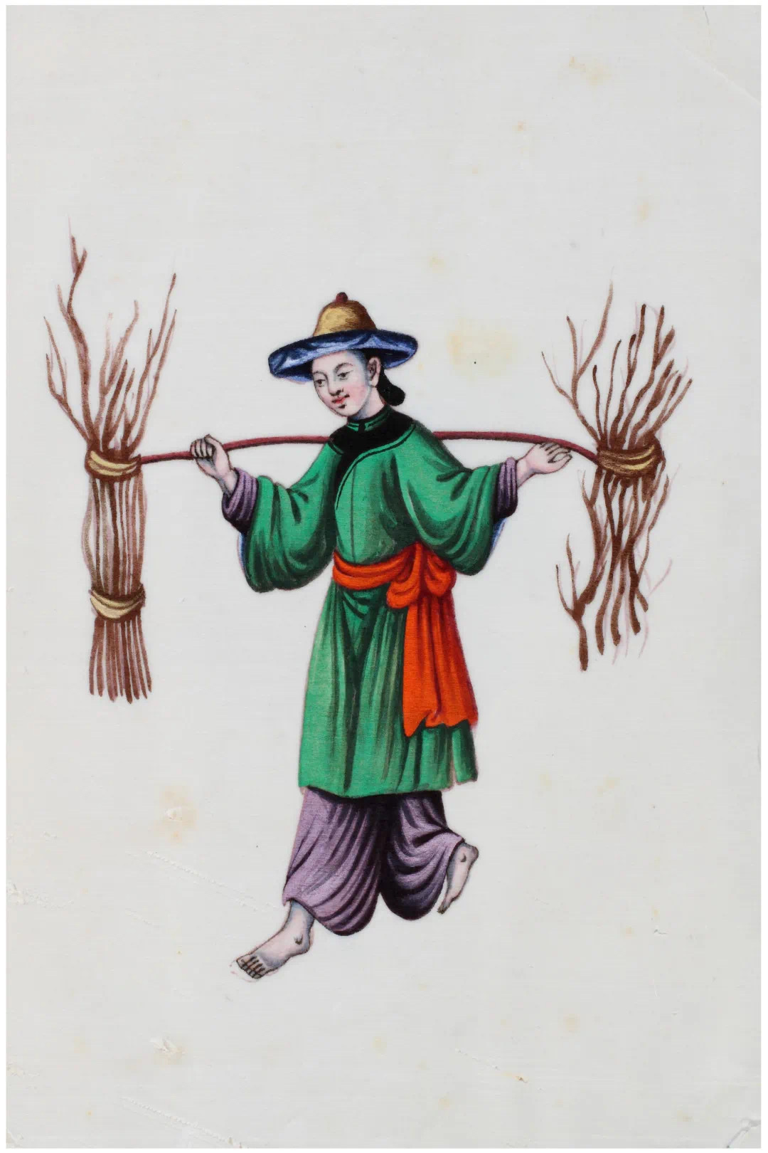 19世纪中后期 通草水彩图册之女性挑柴图