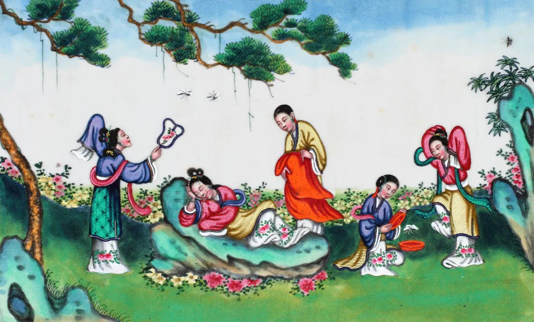 19世纪 通草水彩湘云醉酒图