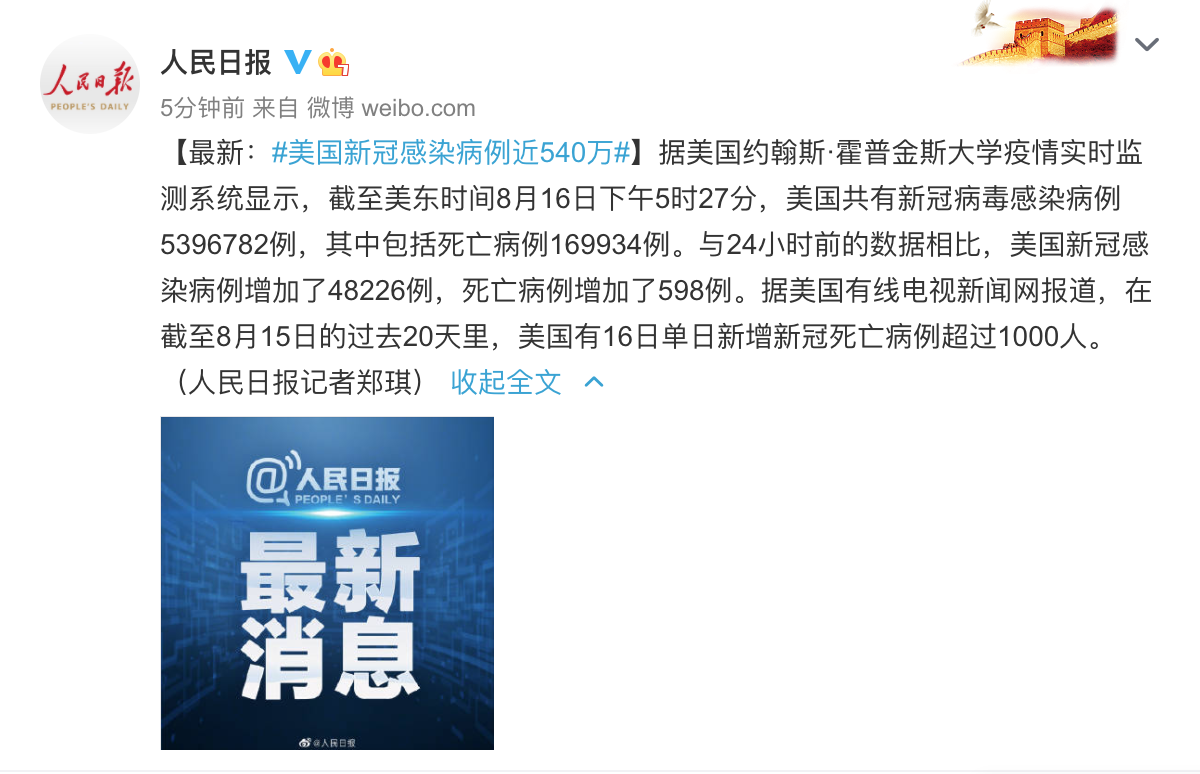 美国新冠感染病例近540万,单日新增死亡病例超过1000人