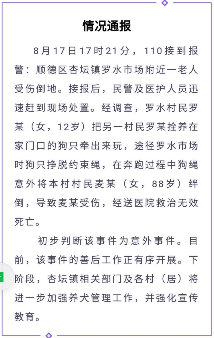 意外 狗只挣脱狗绳绊倒八旬老人 涉事女子系牵引他人狗只