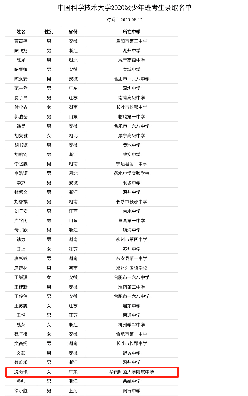 广东省有2名考生考上中科大少年班,华附冼奇琪是其中一员。