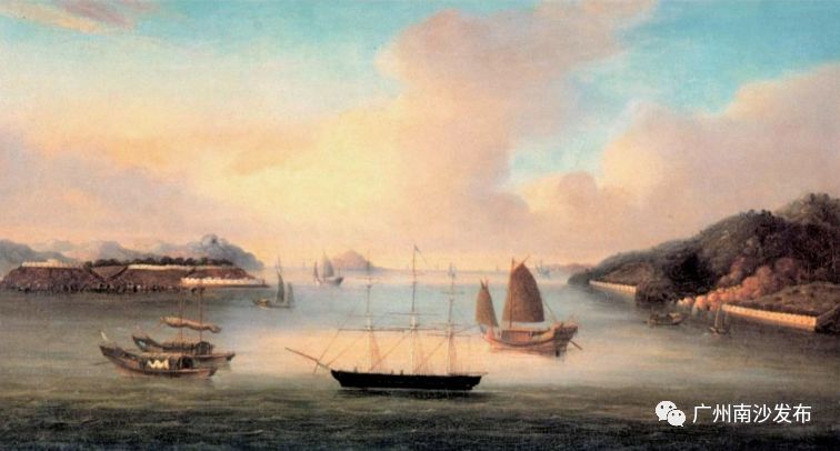 历史油画，第一次鸦片战争前的虎门入海口。