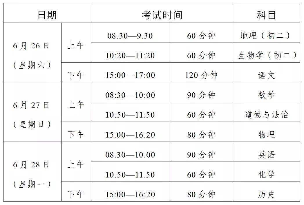 最新!2021年初中学业水平考试时间安排出炉