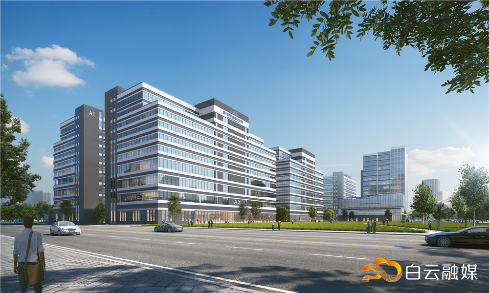 著杰生命科学园项目东北透视图。